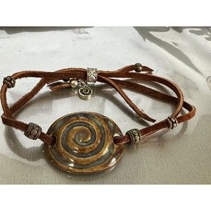 Ceramic/Pottery Cuff Bracelet Nautilus Stoneware Leather Boho NWOT Artist OOAK